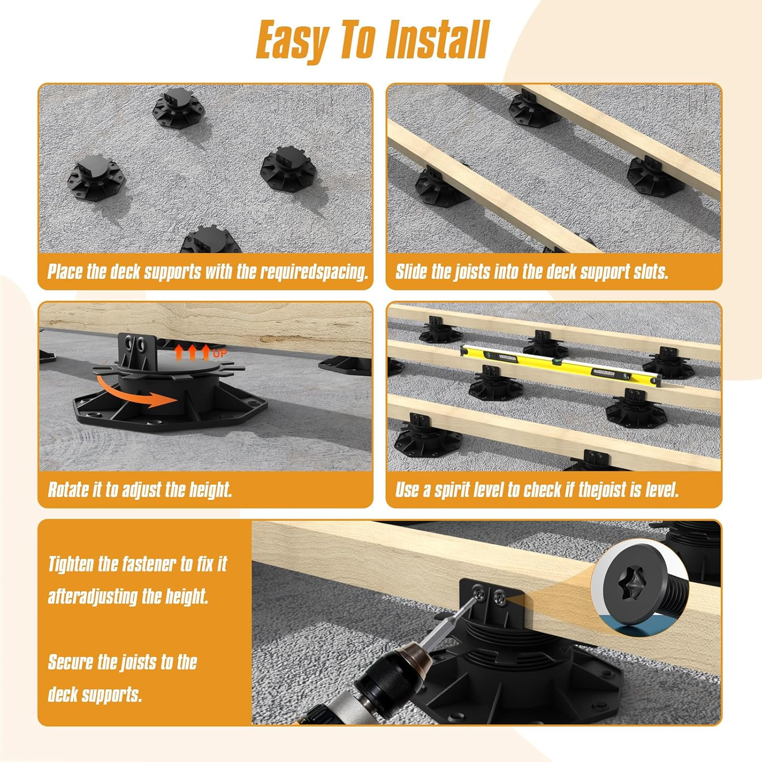 24-Pack Adjustable Deck Support Pedestals, 1.18″–2.36″ (30–60 Mm), for 2×4 & 2×6