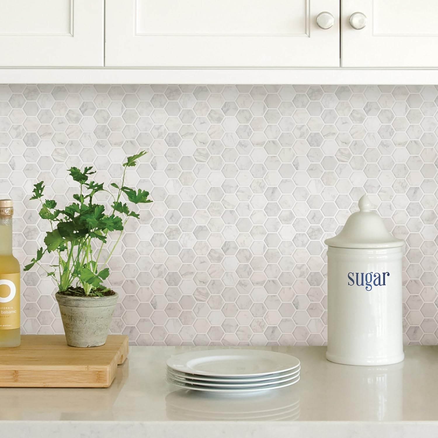 Classic White & Off-White Hexagon Marble Peel and Stick Wall Tiles for Kitchens