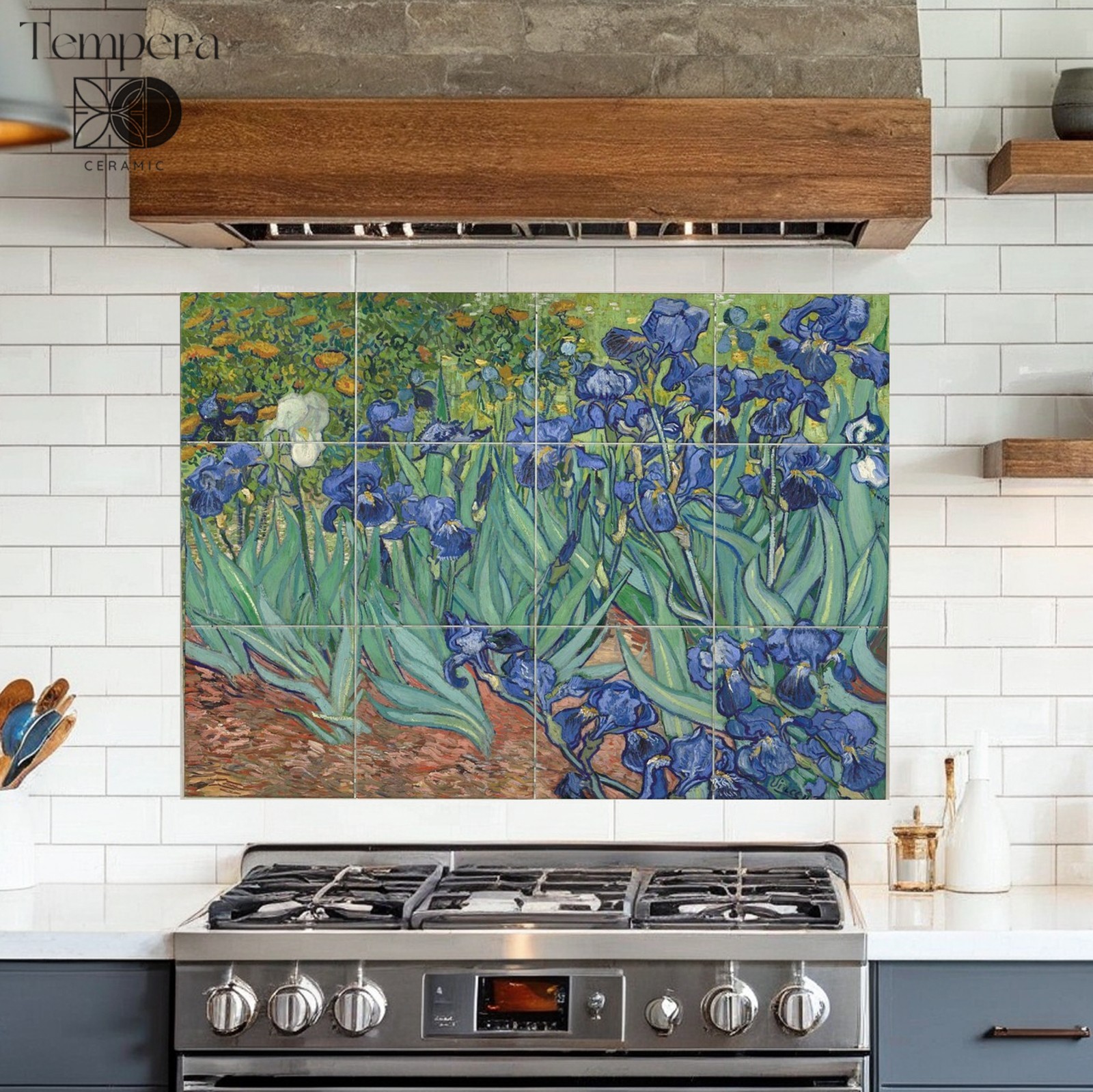 Irises by van Gogh on a tiles mosaic, Irises tile backsplash, floral tile art
