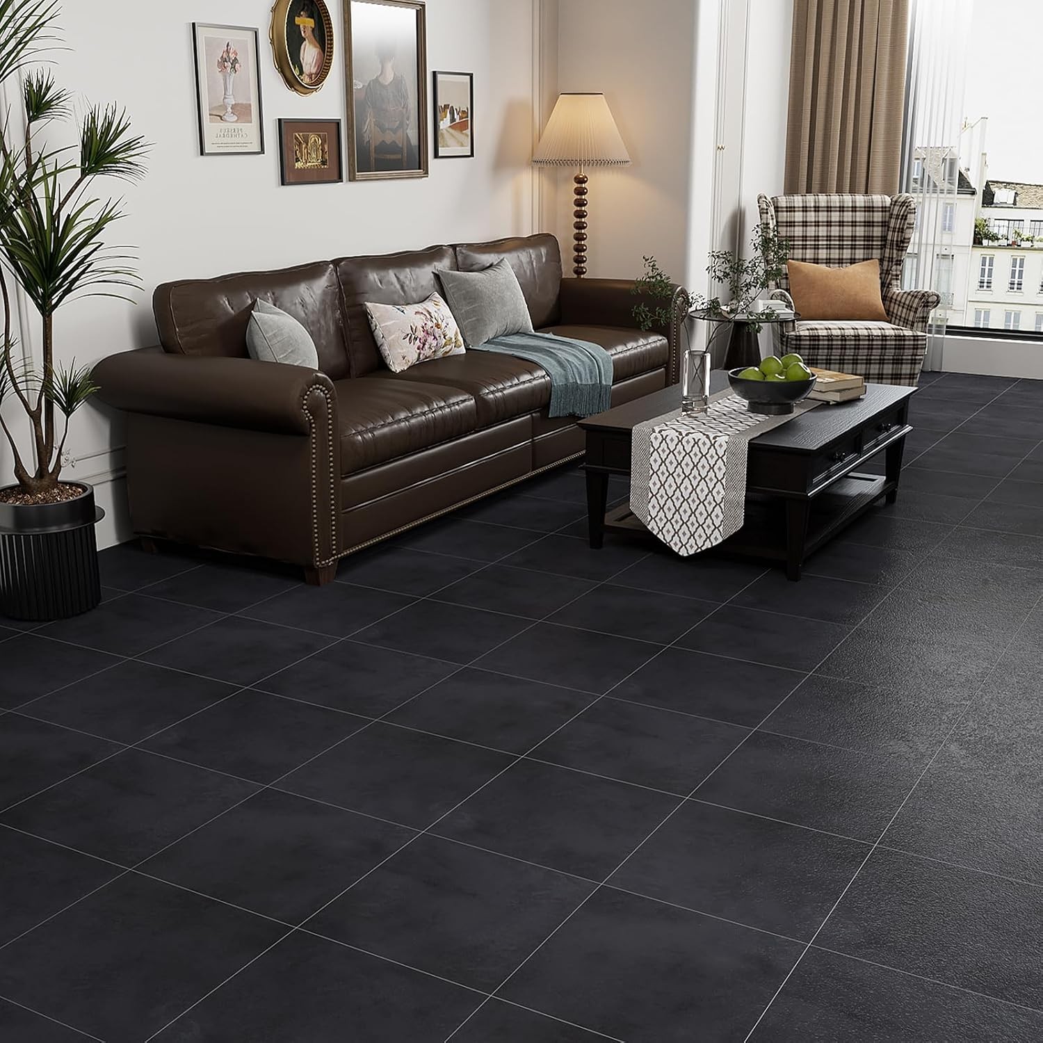 12″x12″ Black Peel and Stick Floor Tiles Black Concrete Vinyl Flooring Tiles