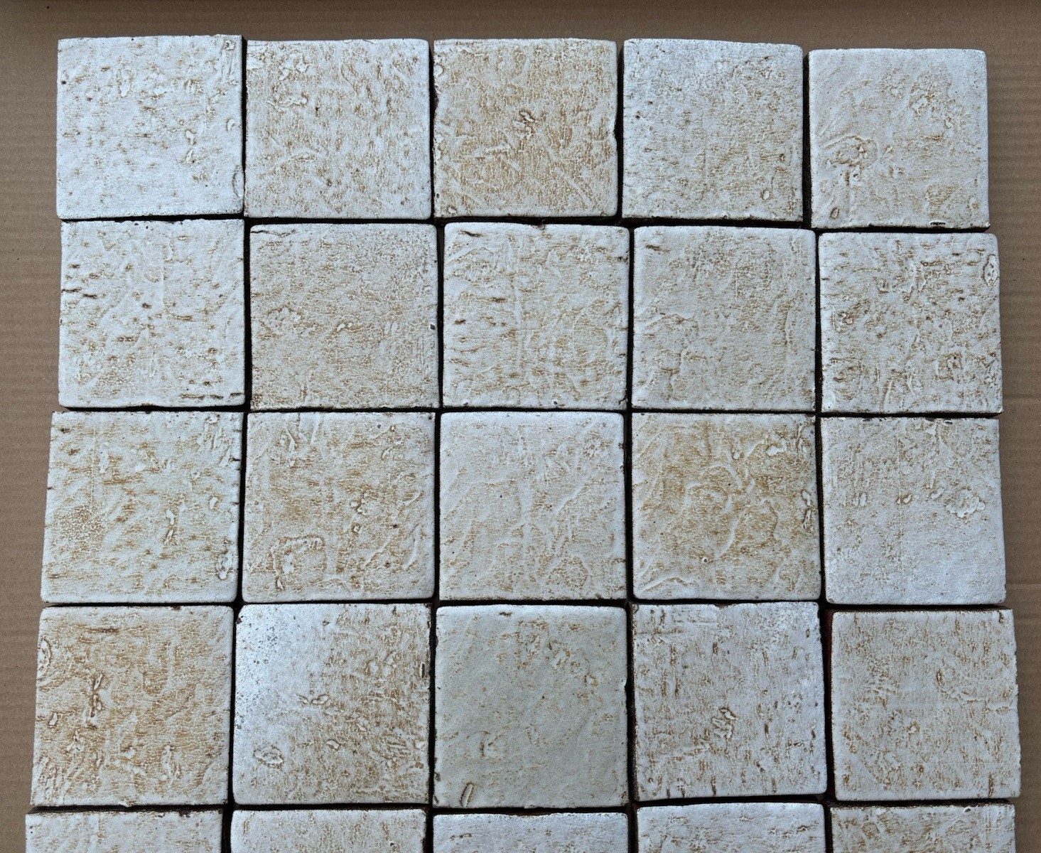 4 Vintage Hand Made Mottled Glazed Field Tile THICK 3 7/8″sq Set of 4 NOS #A