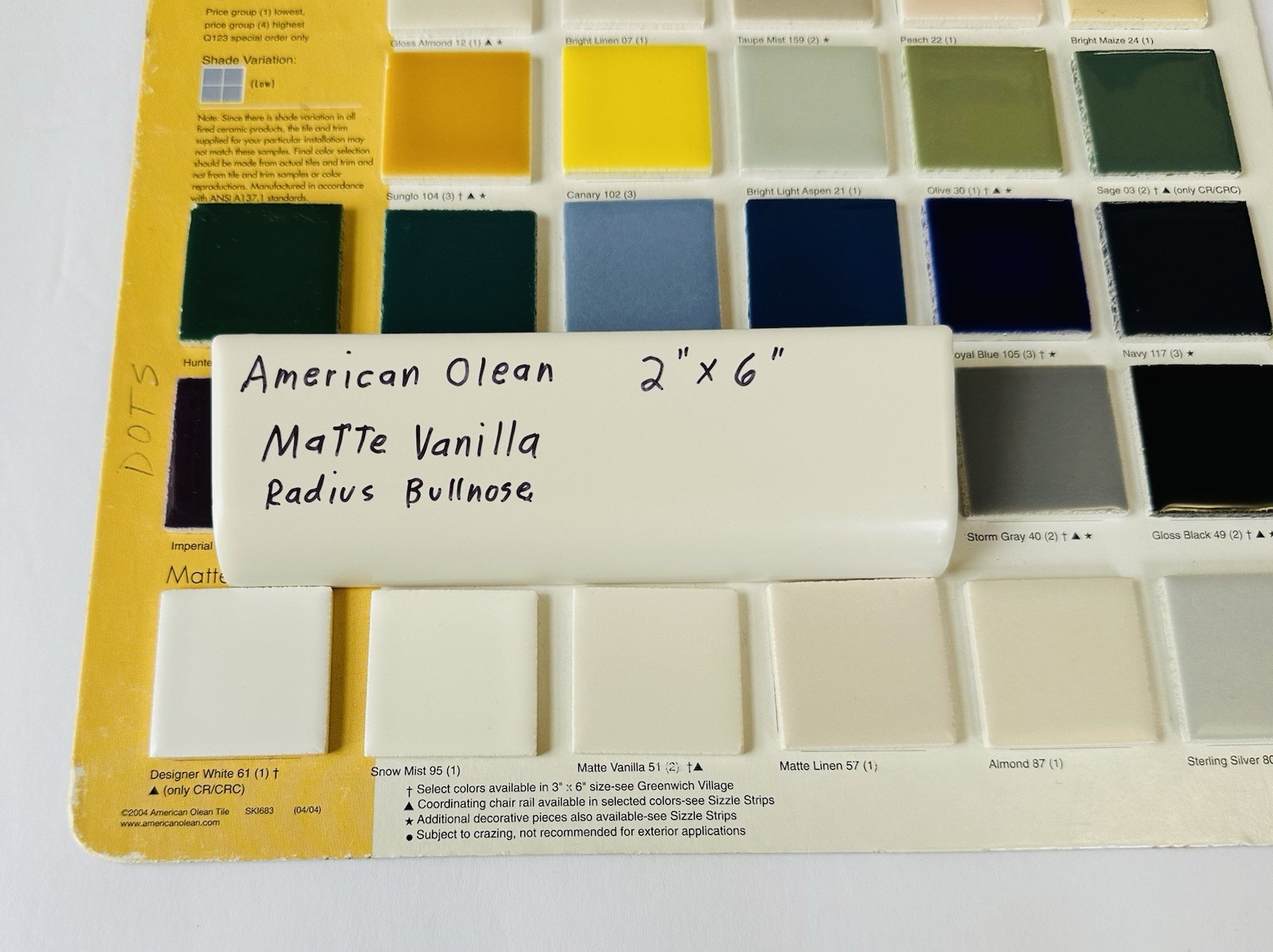1 pc. Vanilla / off- white: 2″ X 6″ Radius Bullnose Ceramic Tile: American Olean