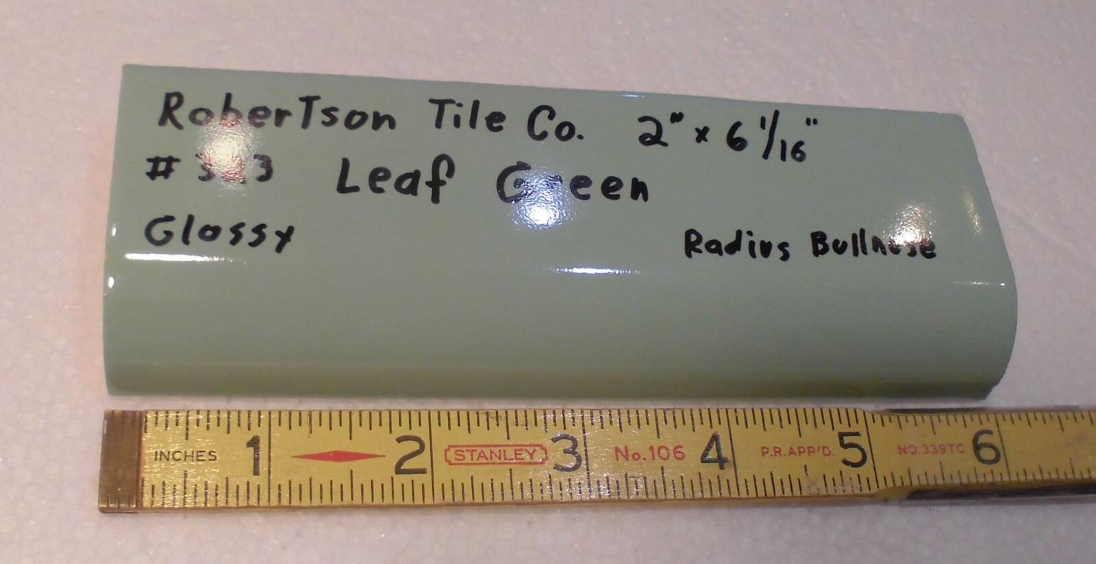 1 pc. Leaf Green: 2″ X 6-1/16″ Glossy Ceramic Radius Bullnose Tile: Mudd Caps,