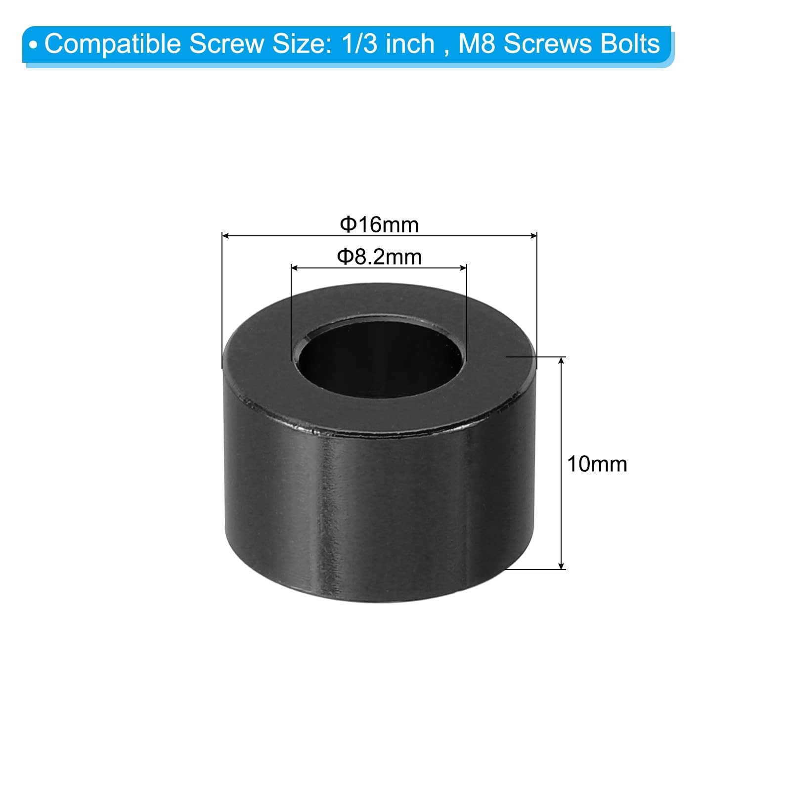 PATIKIL M8 Aluminum Spacer, 8 Pcs Metal 8.2mm ID x 16mm OD x 10mm L, Black