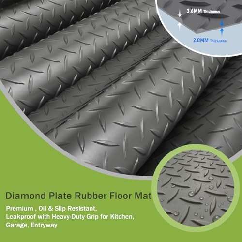 Gray 4x10FT Garage Floor Mat – 3.6mm Diamond Plate – Rubber – Extra Thick