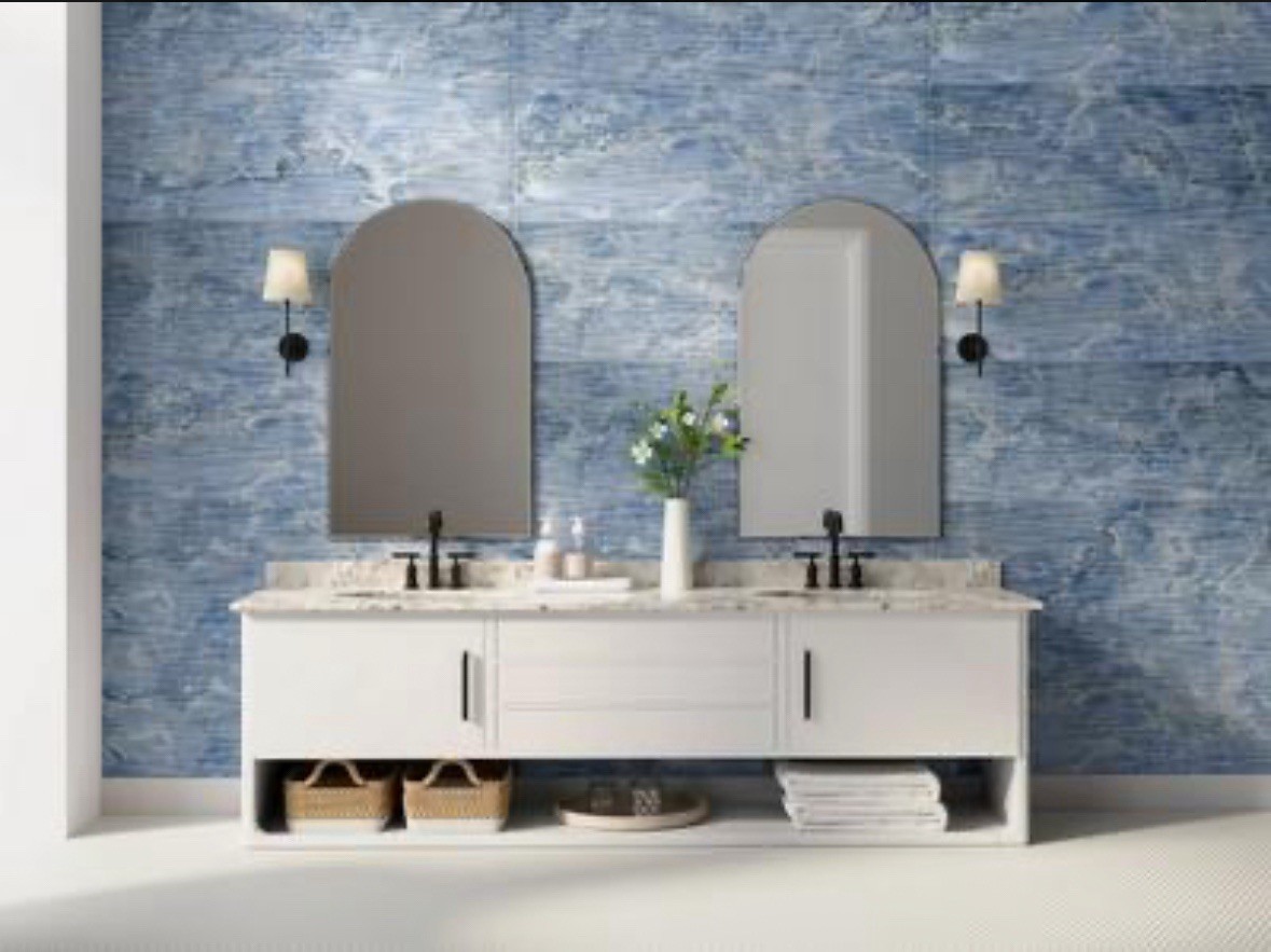 Blue Wavy Textured Glossy Ceramic Wall Tile for Bathroom