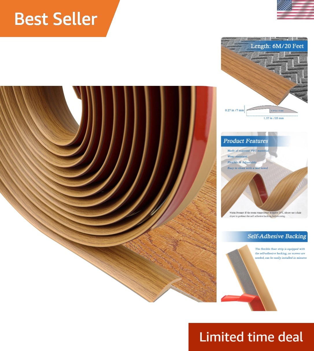 20ft Self-Adhesive Carpet Edging Trim Strip – Ideal for Thresholds Less Than 5mm