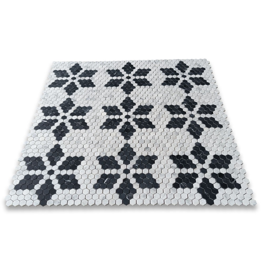C31FAXH Carrara White Marble Hexagon Ice Crystal Mosaic Tile Marquina Black