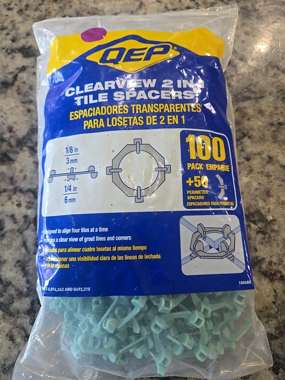 QEP 1/8” & 1/4 Inch Clearview 2 In 1 Tile Spacers 100 Count + 50 Green Plastic