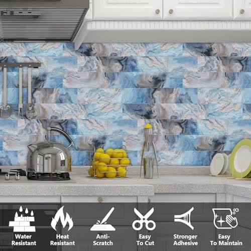 URCOLOR 64-Piece Peel and Stick Blue Marble Subway Wall Tile Backsplash