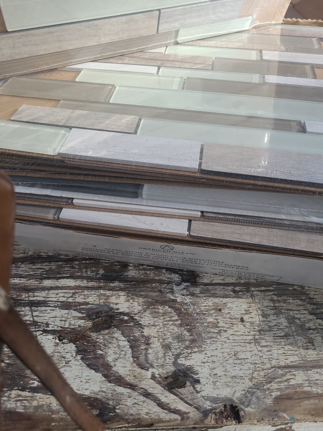 American Olean Glass Stone Wood Look Mosaic Tile Delfino Natural Taupe 16 Sheets