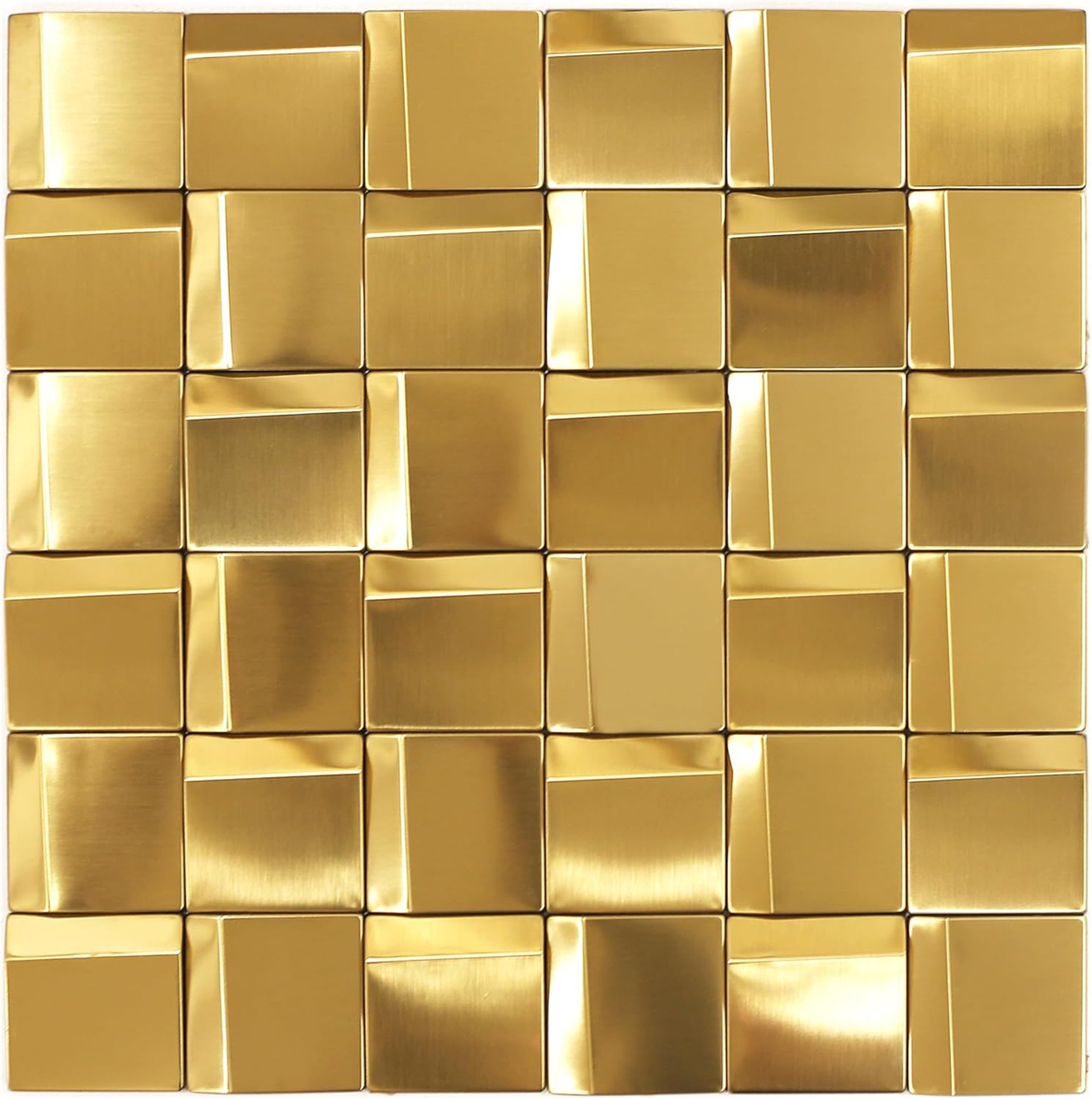 Metal Mosaic Wall Tiles, Gold 3D Backsplash Panels, 12×12 Inches, 5 Sheets