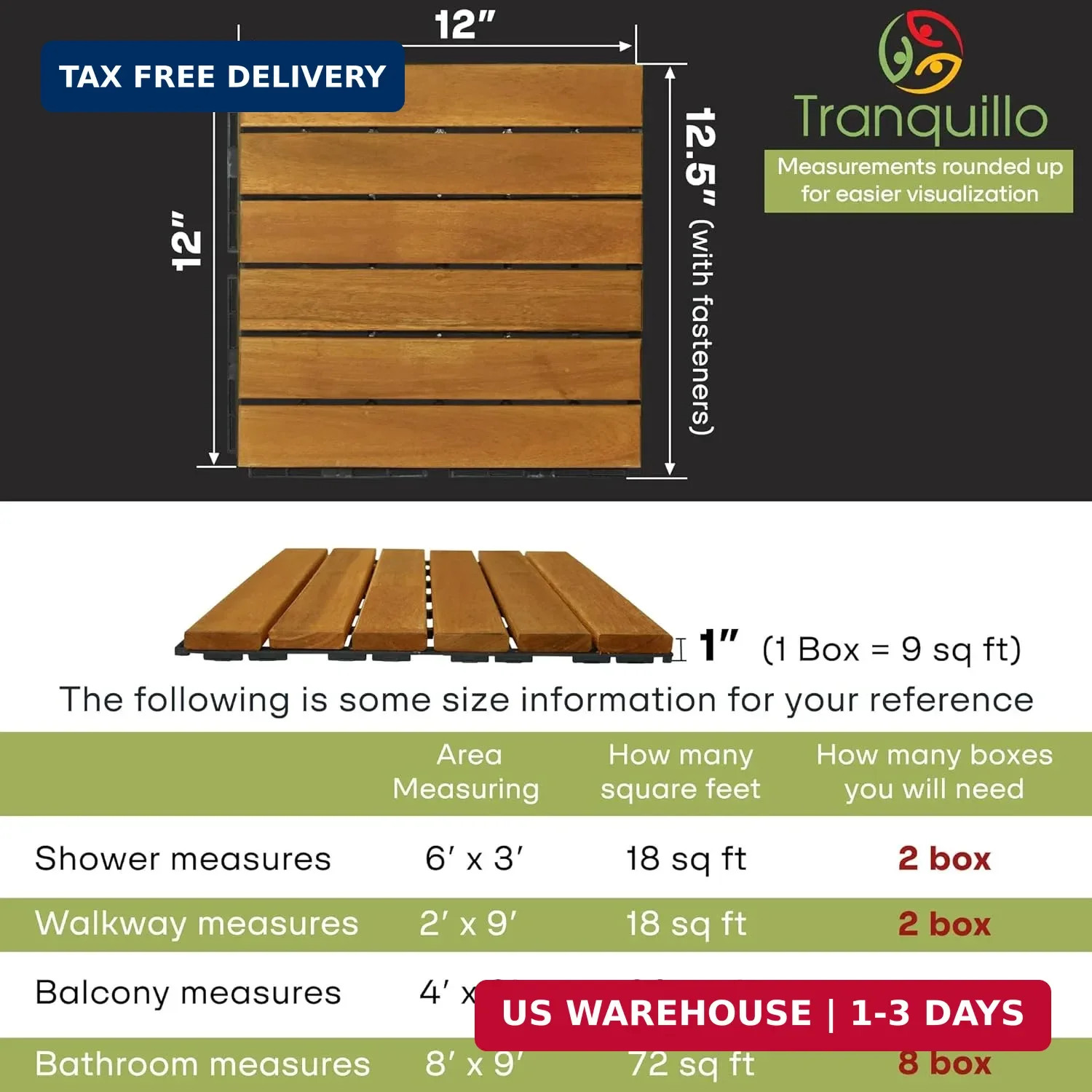 Tranquillo Interlocking Deck Tiles 12″x12″, Acacia Wood Patio Tiles, Waterproof