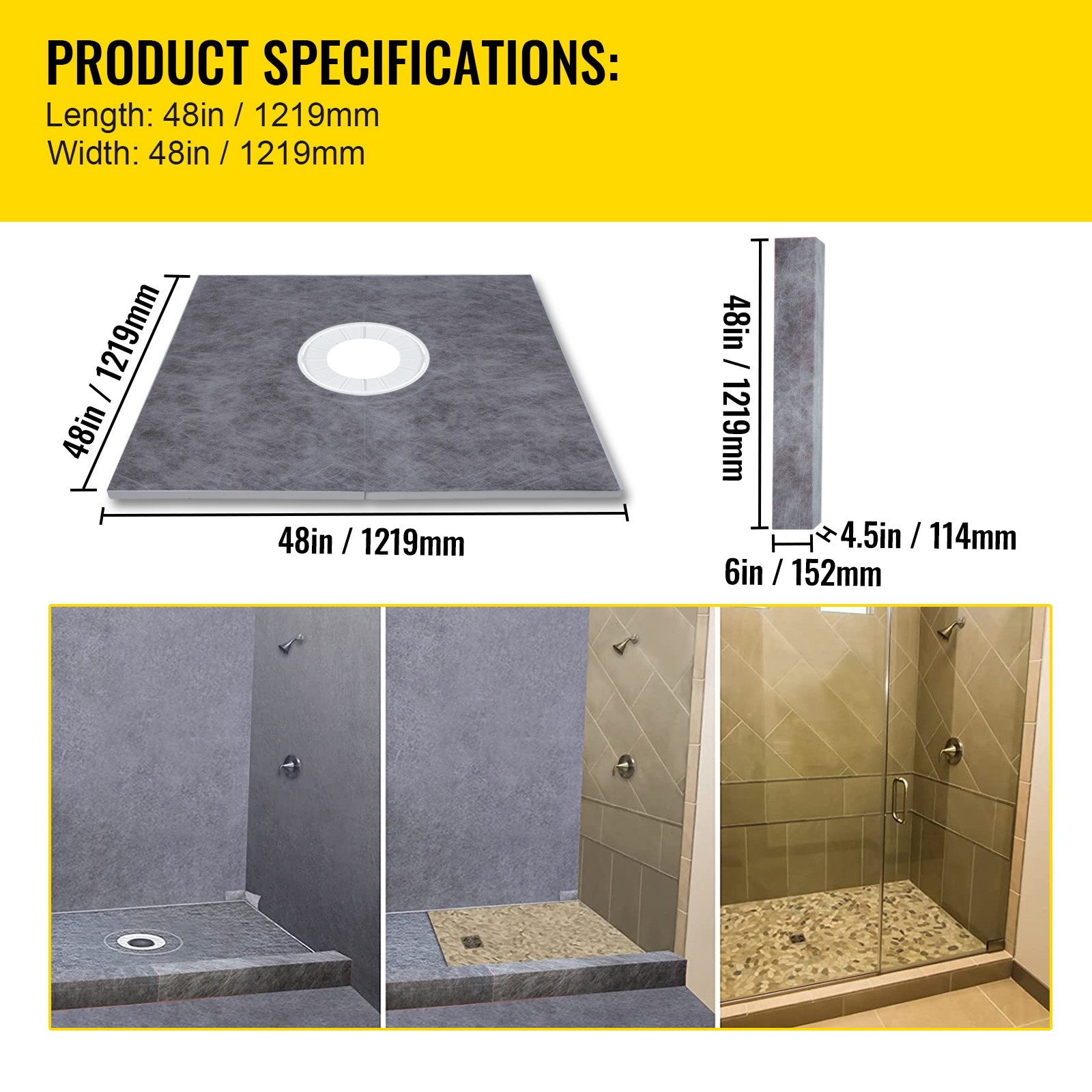 VEVOR Waterproofing Shower Curb Kit Shower Kit Tray 48×48” w/ Central Drain PVC