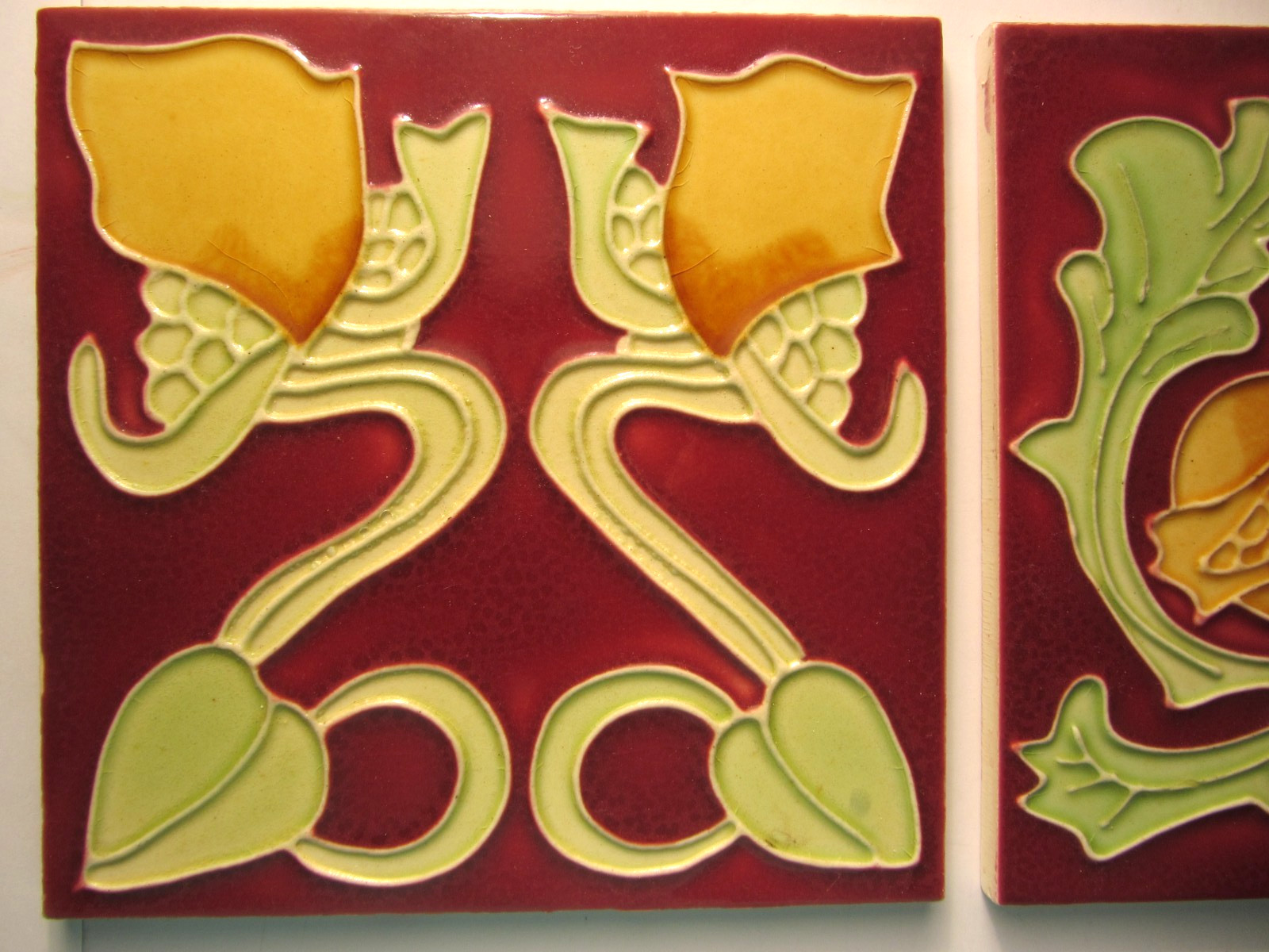 2 ART NOUVEAU TILES 6″ X 6″ BURGUNDY, GREENS & YELLOW Used Reproductions