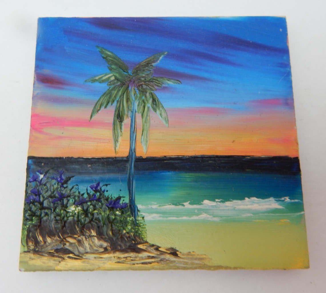 Painted Clay Tile Beach Water Palm Tree Sunset 4 In X 4 In Bathroom Kitchen w278