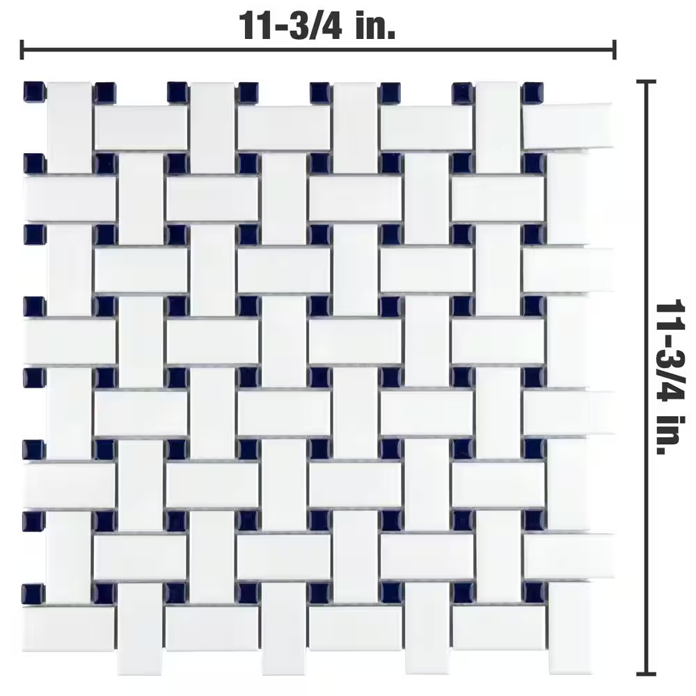 Metro Basketweave White with Glossy Cobalt Dot 11-3/4 In. X 11-3/4 In. Porcelain