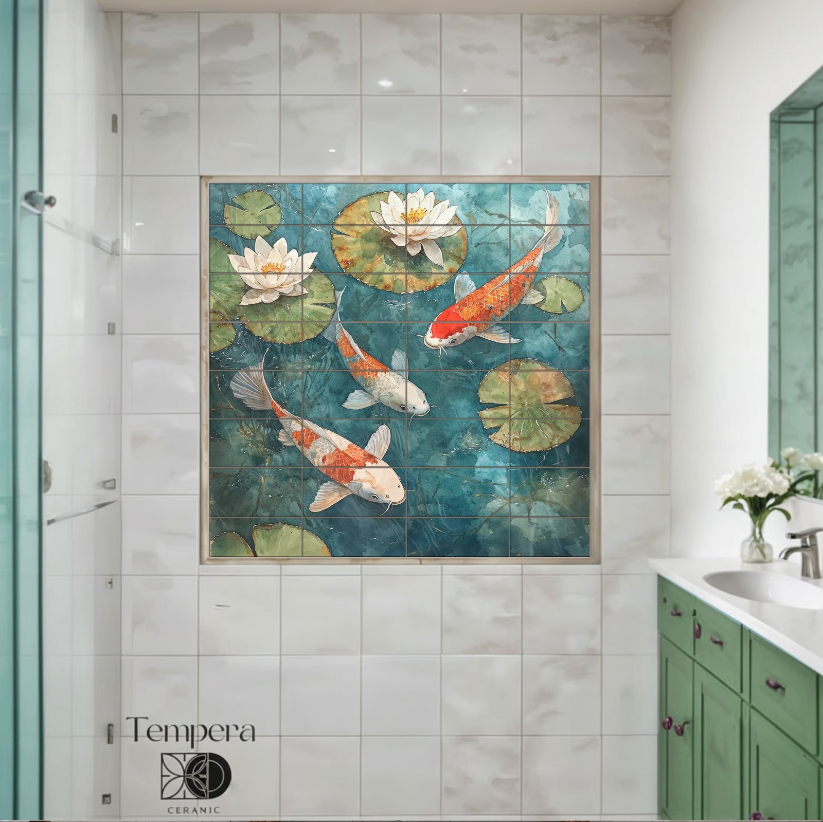 Koi Fish tiles mural, Koi fish pond tiles backsplash, koi on tiles art decor