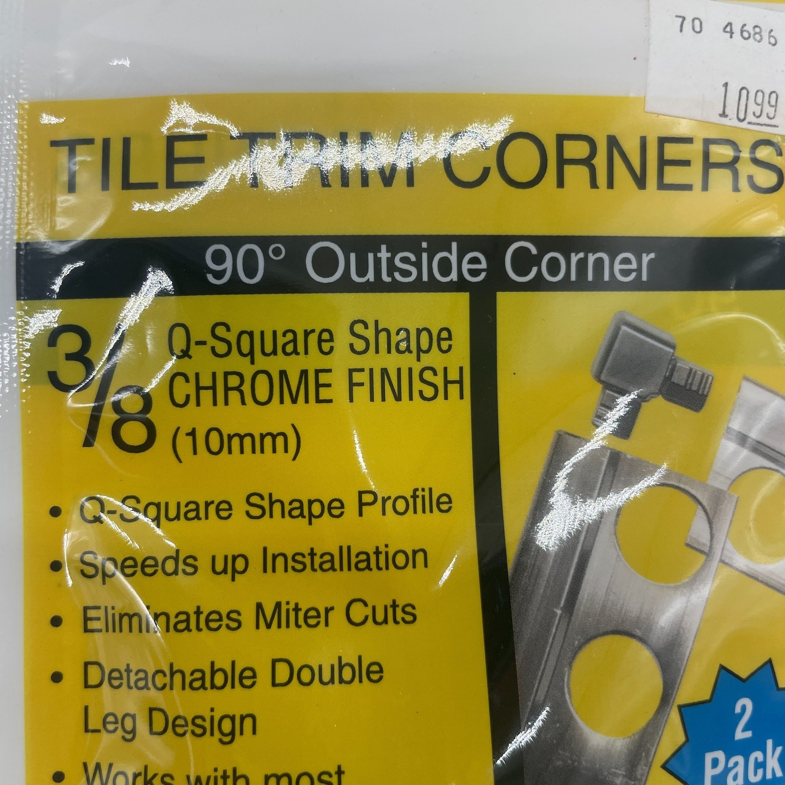 Tile Trim Corner 90° Outside Corner 3/8″ Q-Square Shape Chrome Finish lot of 11