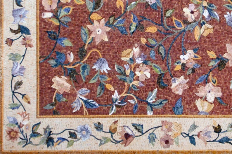 FLOWER BORDER RUG | Marble Stone Square Shape Mosaic Rug |Beautiful Handmade Rug