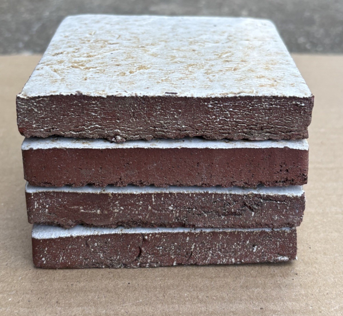 4 Vintage Hand Made Mottled Glazed Field Tile THICK 3 7/8″sq Set of 4 NOS #A