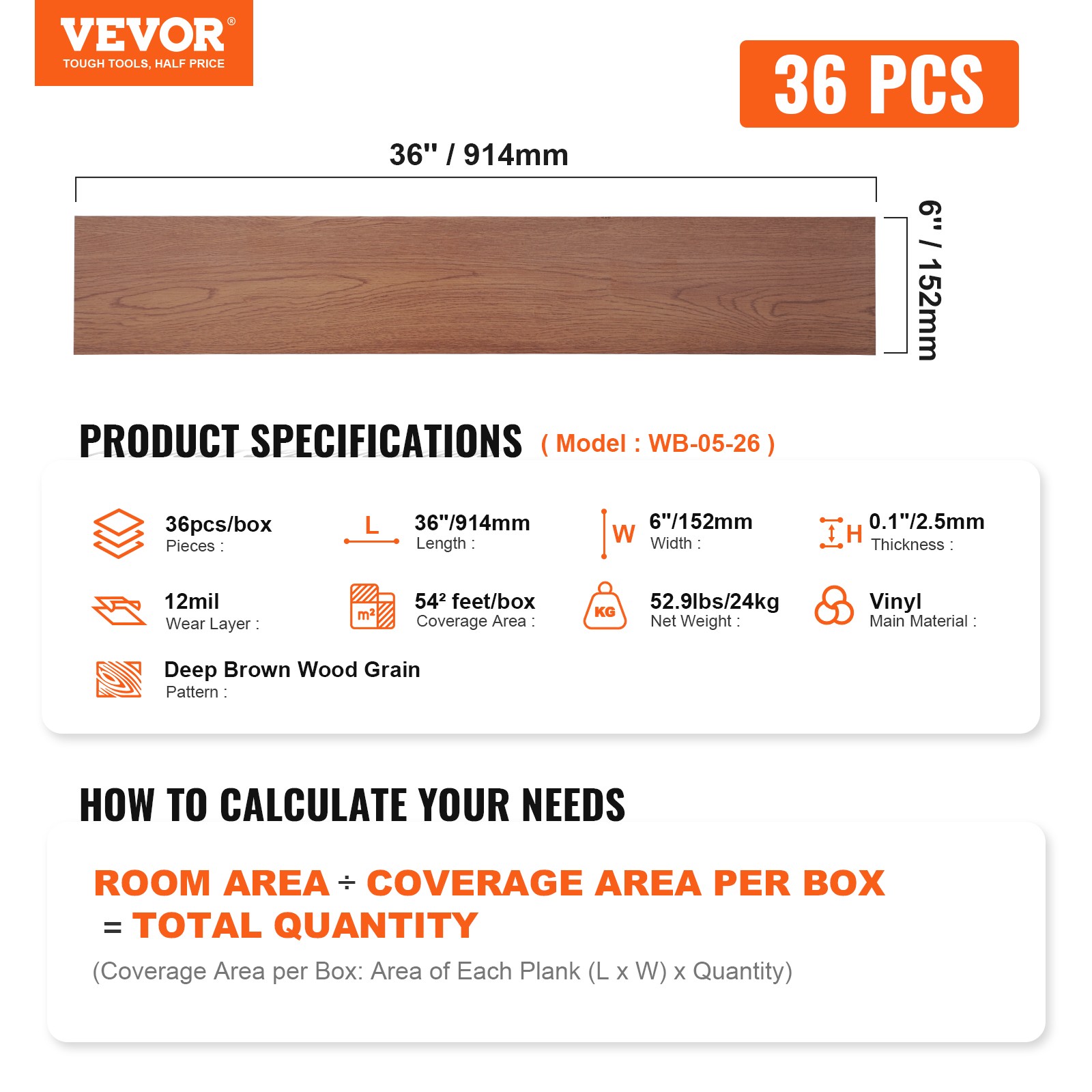 VEVOR 36 PCS 54sq.ft Self-Adhesive PVC Vinyl Floor Wood Grain Tiles Peel Stick