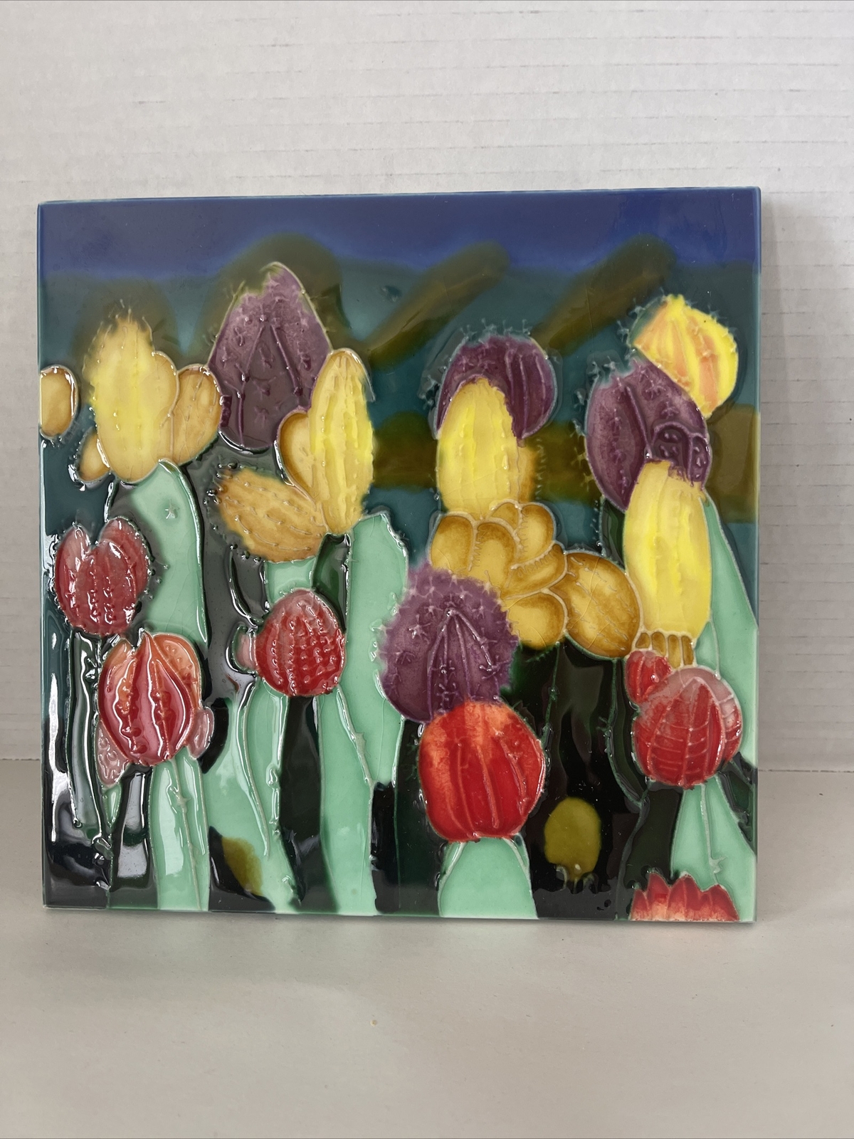 Tropical Cactus Flower Trivet Ceramic Art Tile 8×8” Freestanding Decorative