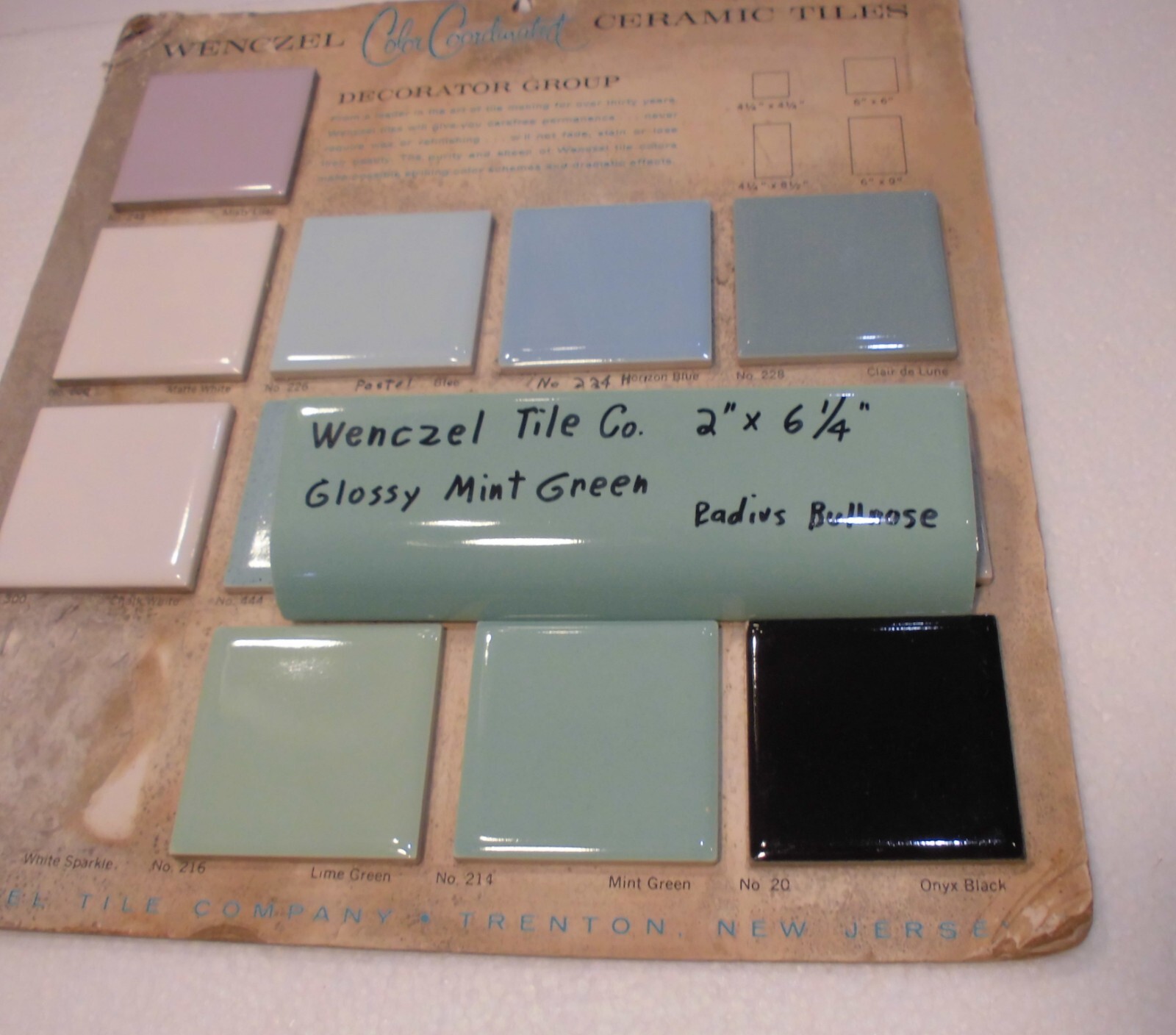 1 pc. Mint Green: Glossy Ceramic Radius Bullnose Tile: Wenczel Co. 2″ X 6-1/4″