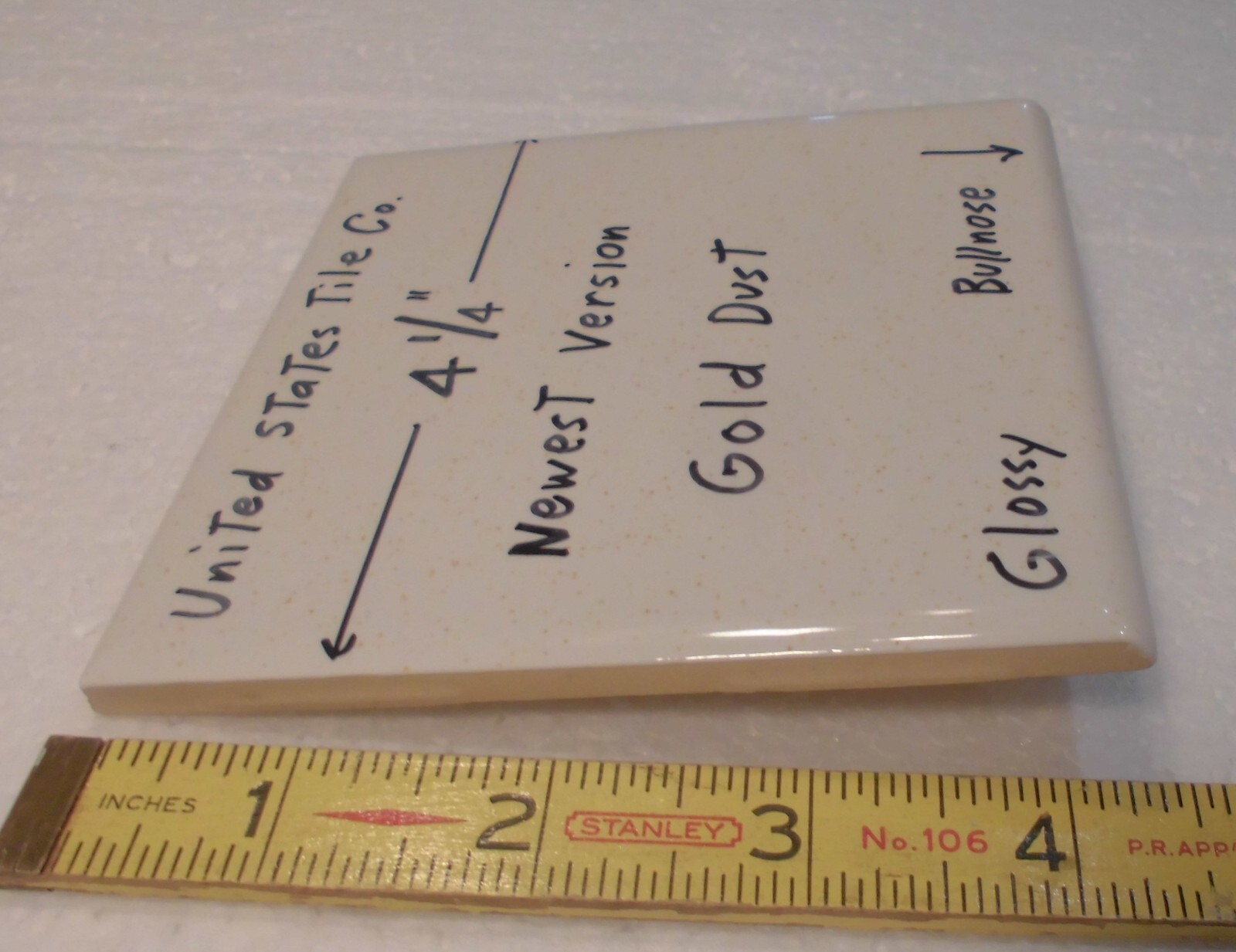1 pc. Gold Dust: Glossy Ceramic Bullnose Tile: vintage white color, gold specks