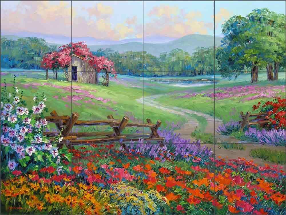 Landscape Tile Backsplash Ceramic Mural Senkarik Art Floral Countryside MSA129