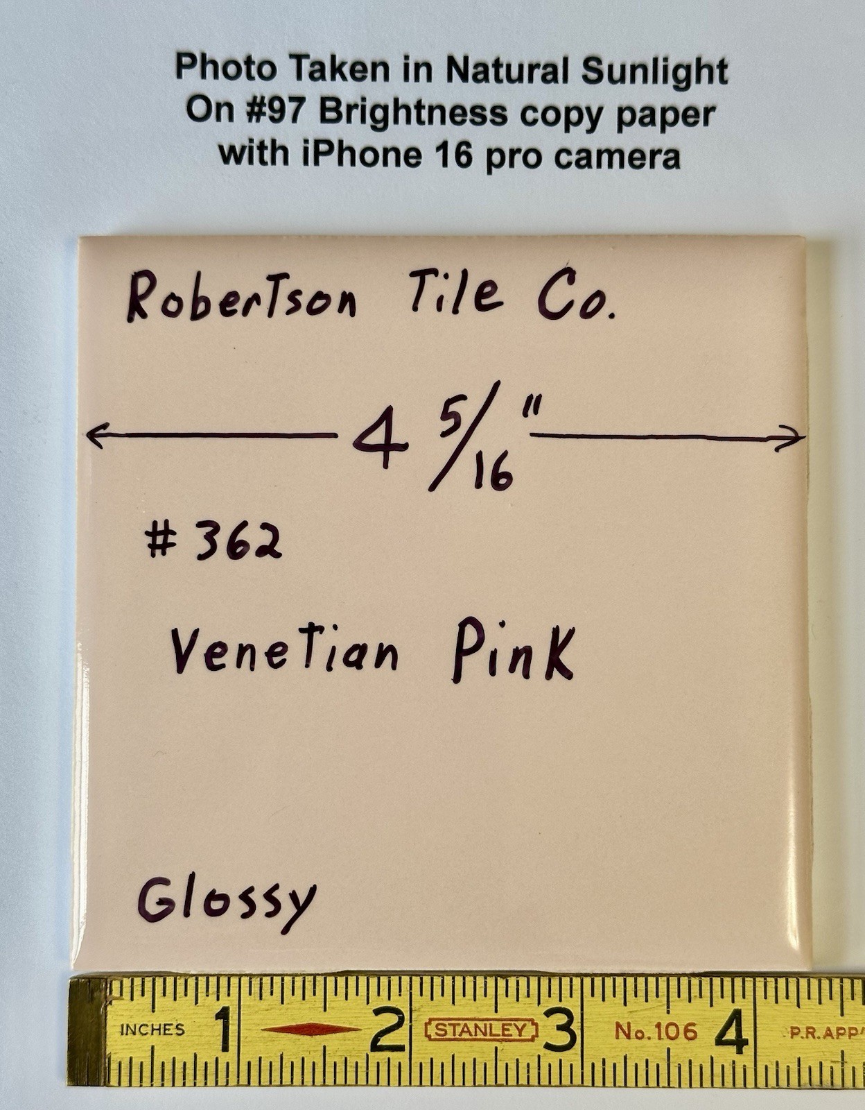 1 pc. Venetian Pink: 4-5/16″ Glossy Ceramic Tile, #362 by Robertson Tile Co. NOS