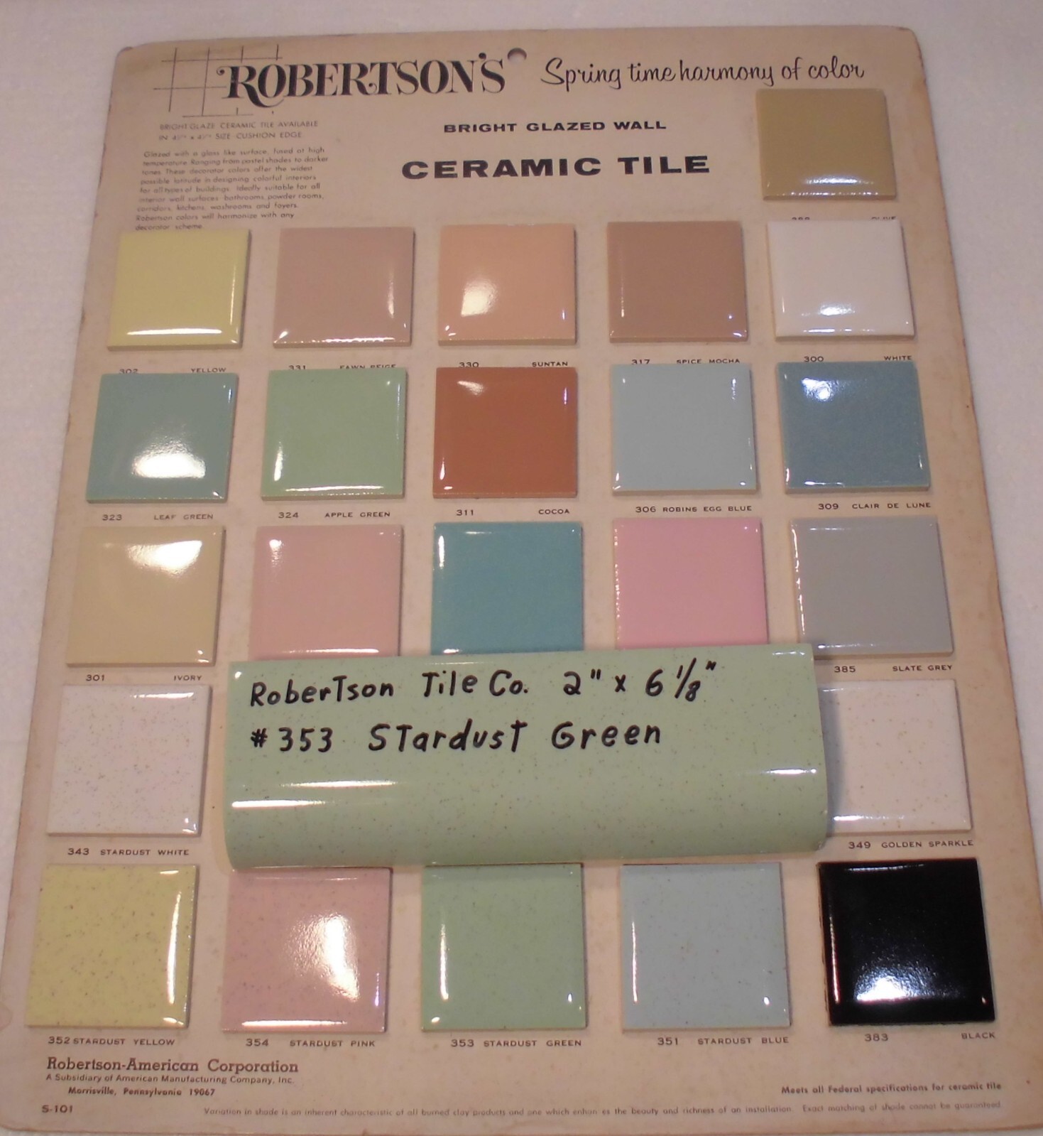 1 pc. Stardust Green: Ceramic Tile; 2″ X 6-1/8″ Radius Bullnose by Robertson Co.