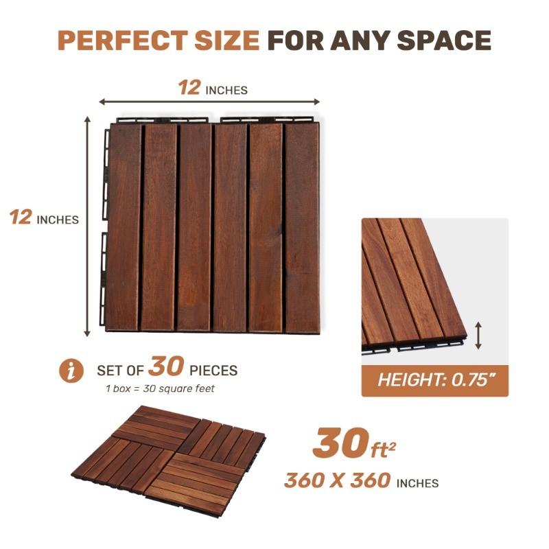 12×12″ Acacia Hardwood Interlocking Deck Tiles, Striped Pattern, Outdoor