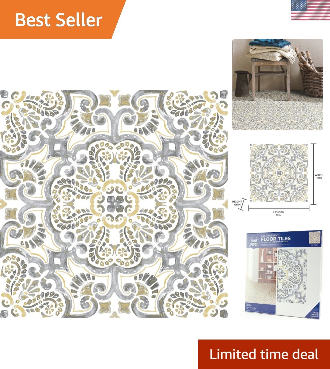 Durable Antico Vinyl Floor Tiles – Moroccan Inspired, Semi-Gloss Finish, 10 Pack