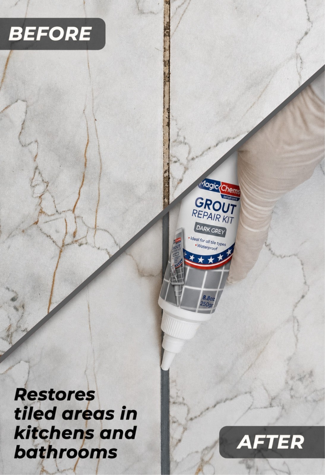 Magic Chems Tile Grout Repair Kit, Dark Grey 8.8 oz/250gr. Fast Drying