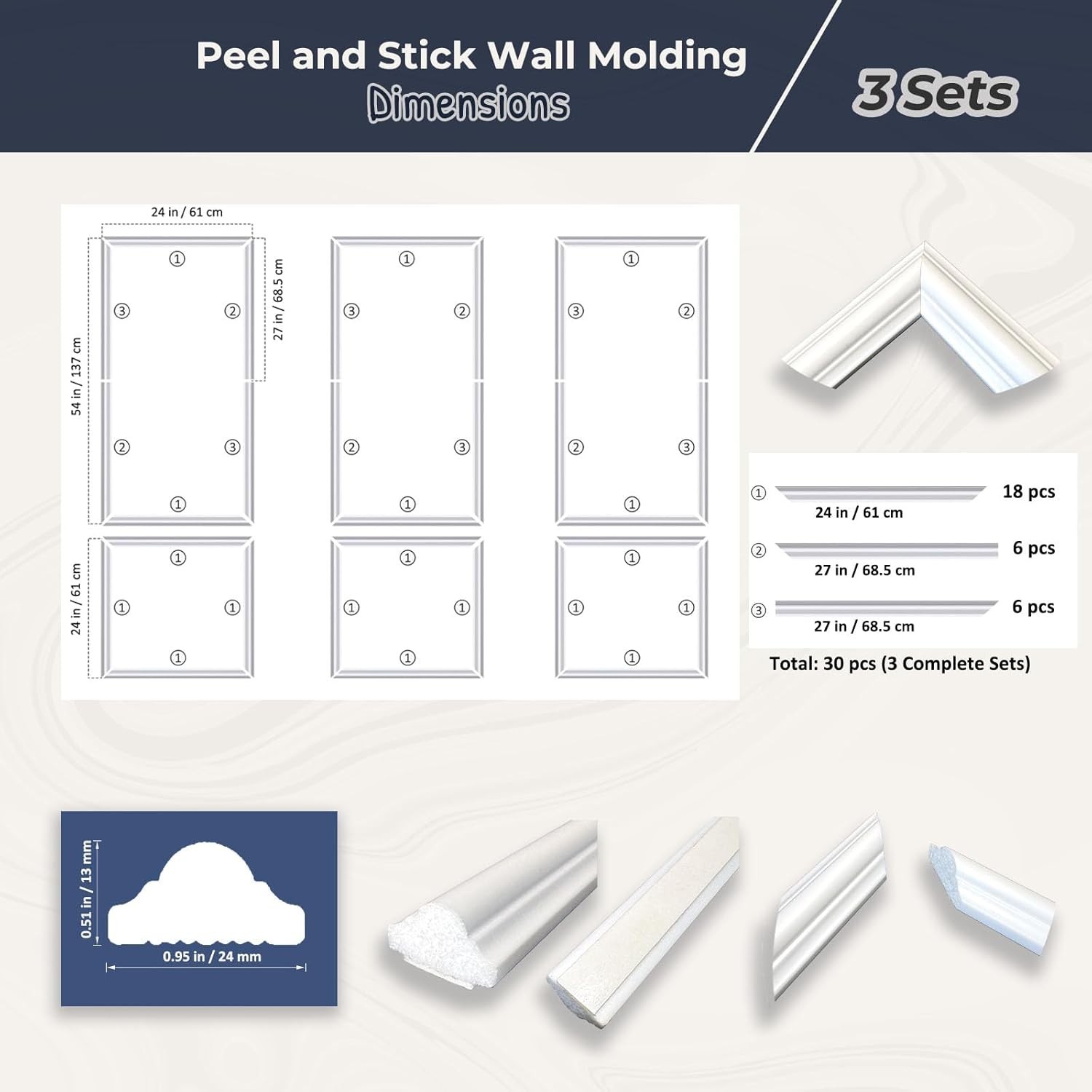 Peel and Stick Wall Molding Kit Pre-Cut Wainscoting Panels Set of 3 Trim