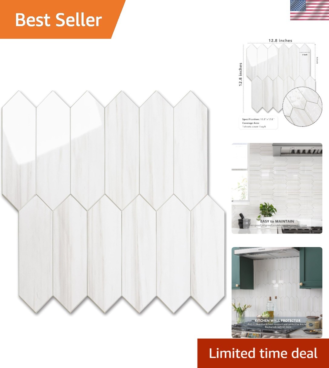 Glossy White Hexagon Backsplash Tile Peel and Stick Wall Tiles for Kitchen Ba…