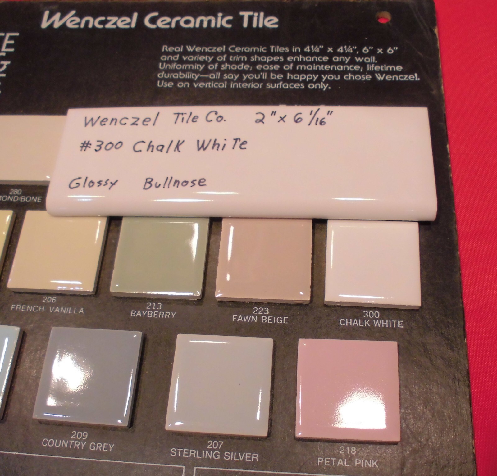 1 pc. Chark White: Glossy Ceramic Bullnose Tile by Wenczel 2″ X 6-1/16″ NOS