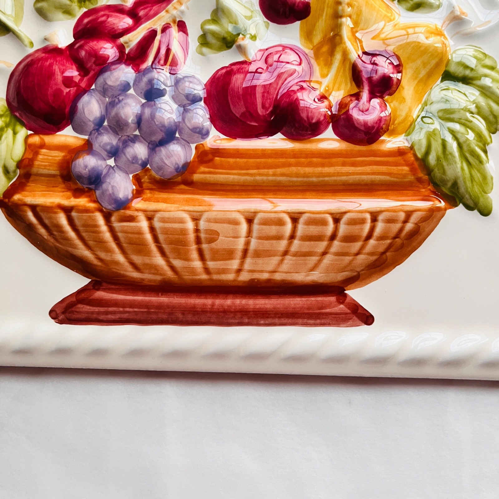 Vintage Embossed 3D Ceramic Fruit Basket Wall Tile Plaque Accent Piece Kitchen
