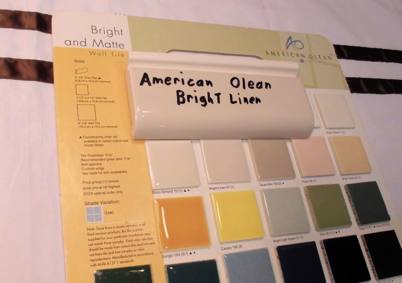 1 pc. *Bright Linen* Ceramic Radius Bullnose Tile by American Olean Co. NEW 6″