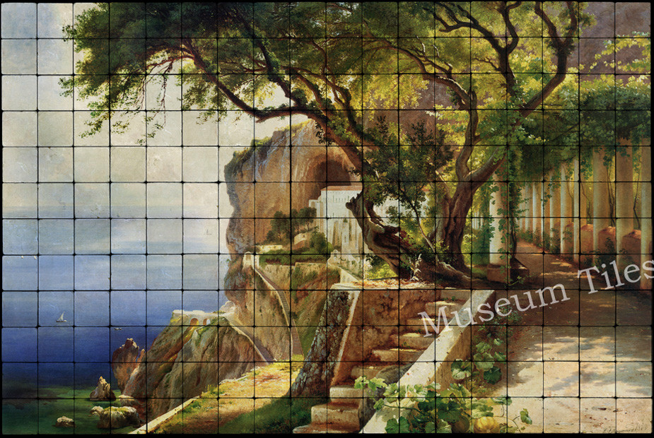 72×48 Pergola at the Amalfi Tumbled Marble Tile Mural for Bathroom Wall