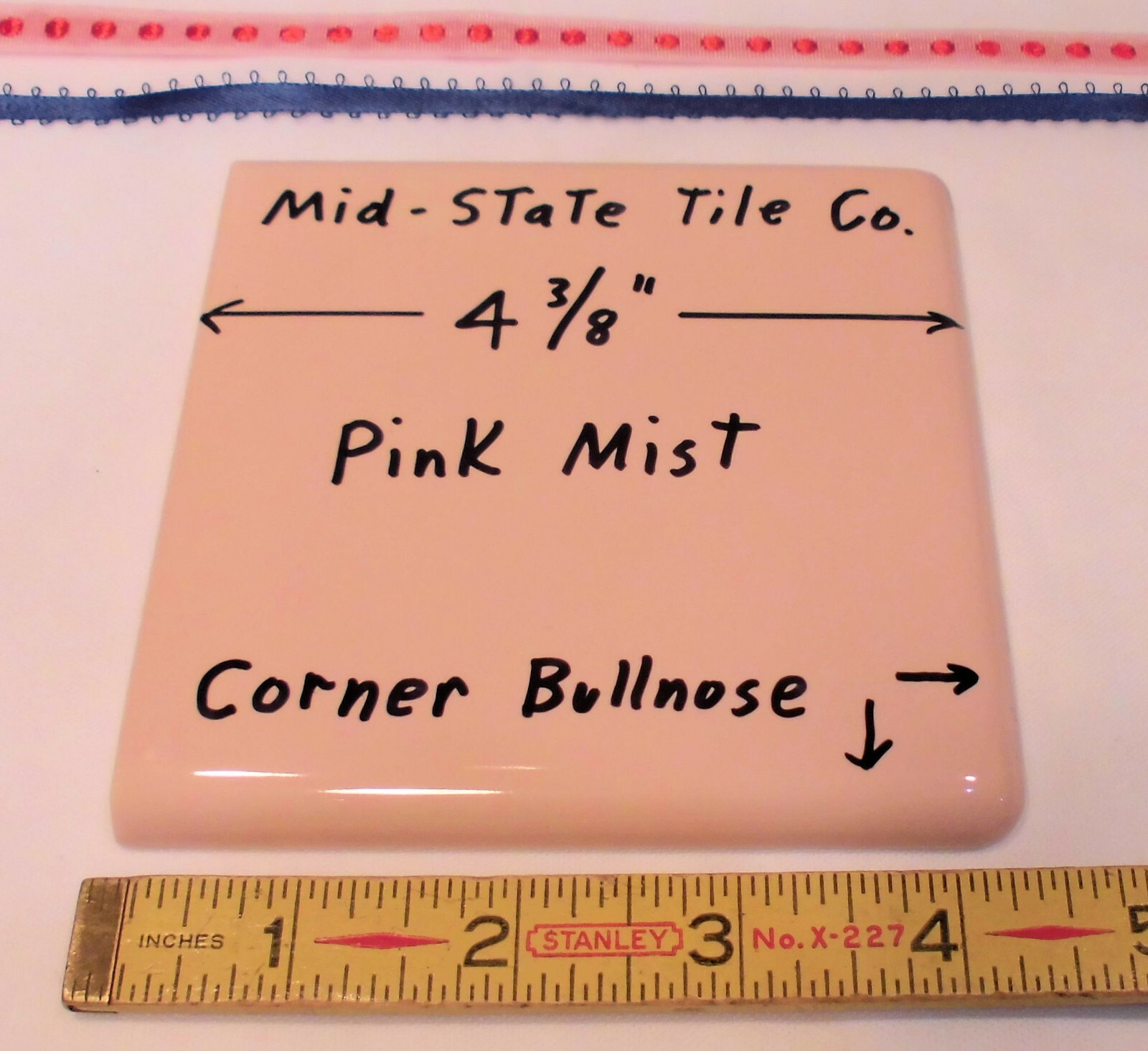 1 pc. “Glossy Pink Mist” Corner Bullnose Ceramic Tile 4-3/8″ by Mid-State Co.
