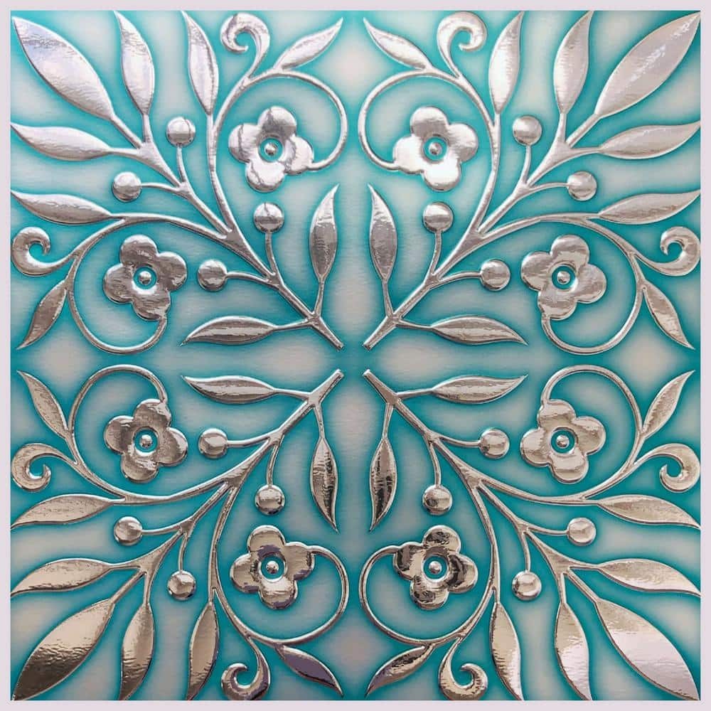 8″ X 8″ Teal and Silver Leaves Foil Peel & Stick Paper Tile Backsplash (24-Pack)