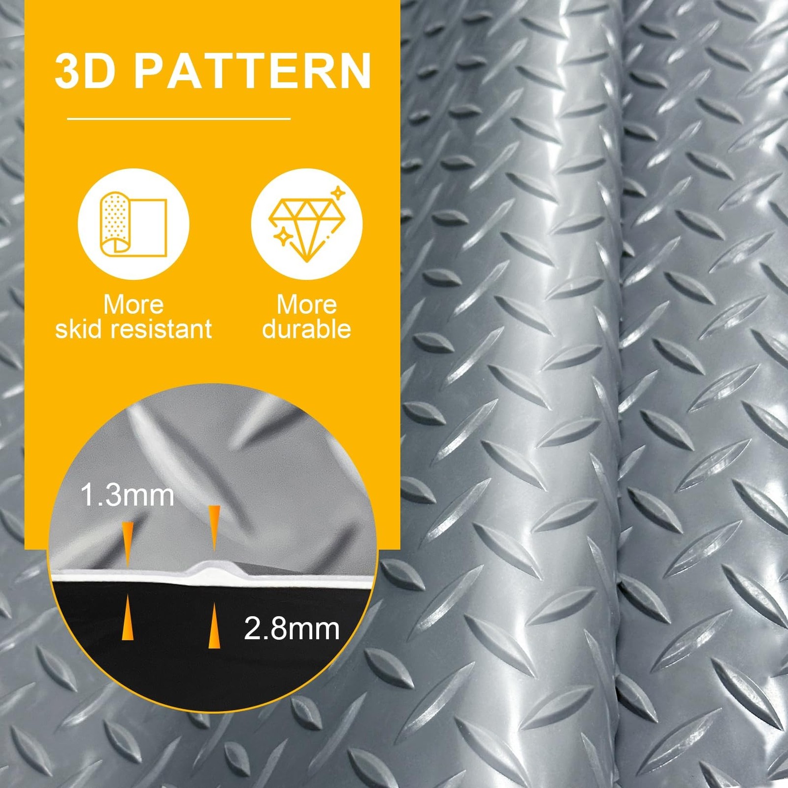 8×20 FT Garage Floor Mat, 2.8mm Thickened Flooring Roll Diamond Plate PVC Rub…