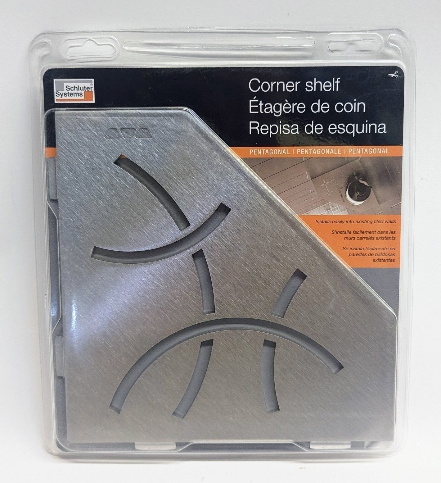 Schluter Shelf-E Pentagonal Corner Shelf – Curve – Brushed Stainless Steel