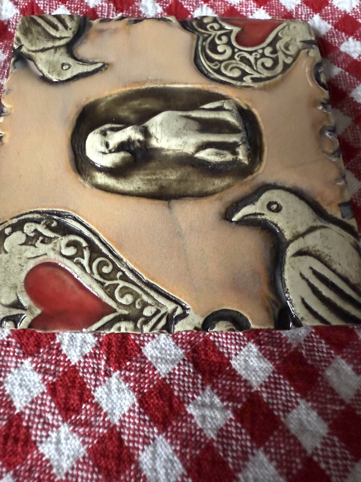 Carol Rose Dean Ceramic Art Tile Dog, birds, Heart 2008 Seattle WA 3.5″