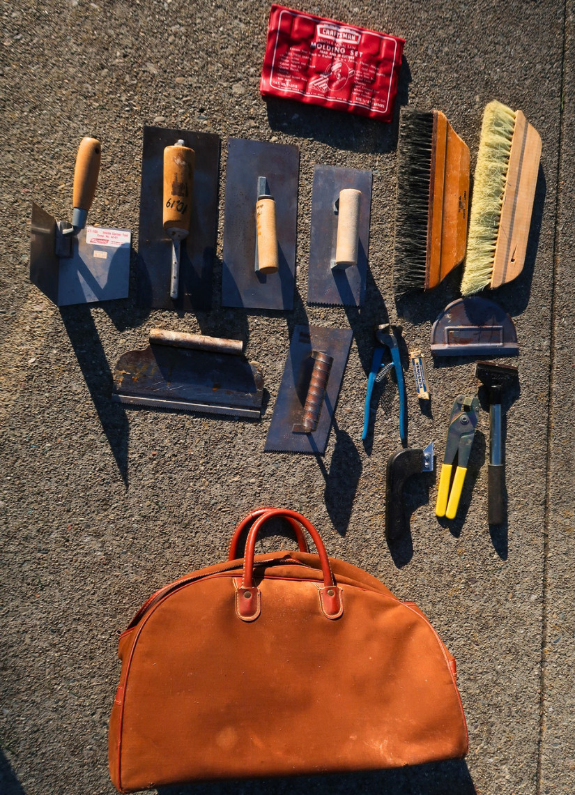 Mixed Tool Lot Tile Tools Plaster Trowels Craftsman Wood Cutters Set w/ Bag