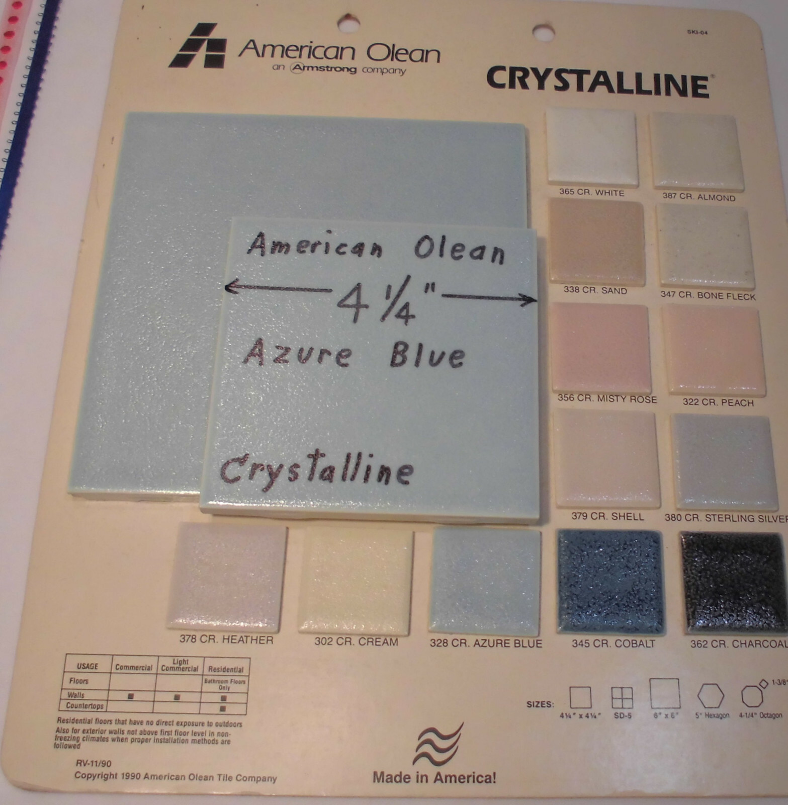 1 pc. *Blue* Ceramic Tile *Crystalline Glazed* by American Olean Co. 4-1/4″ NOS