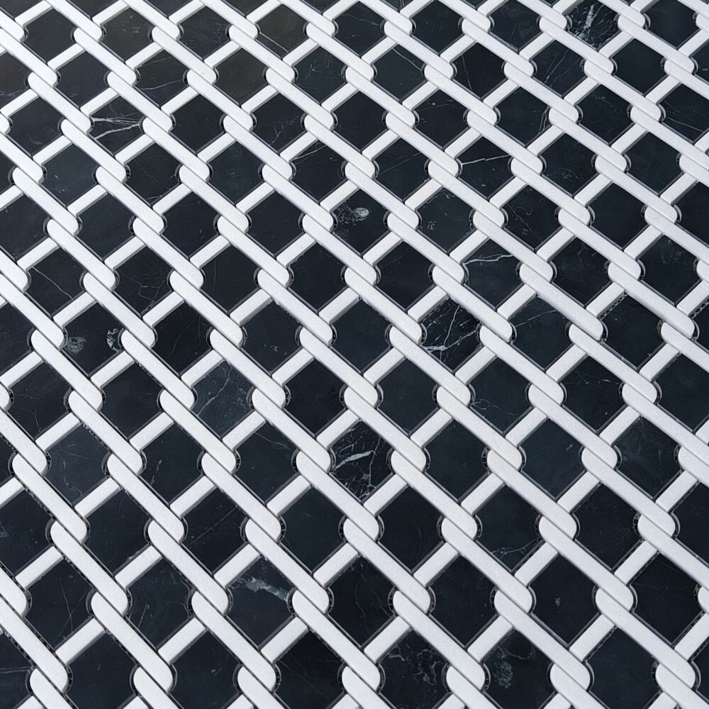 N2D5XH Nero Marquina Black Marble Princess Weave Rope Mosaic Tile White Honed