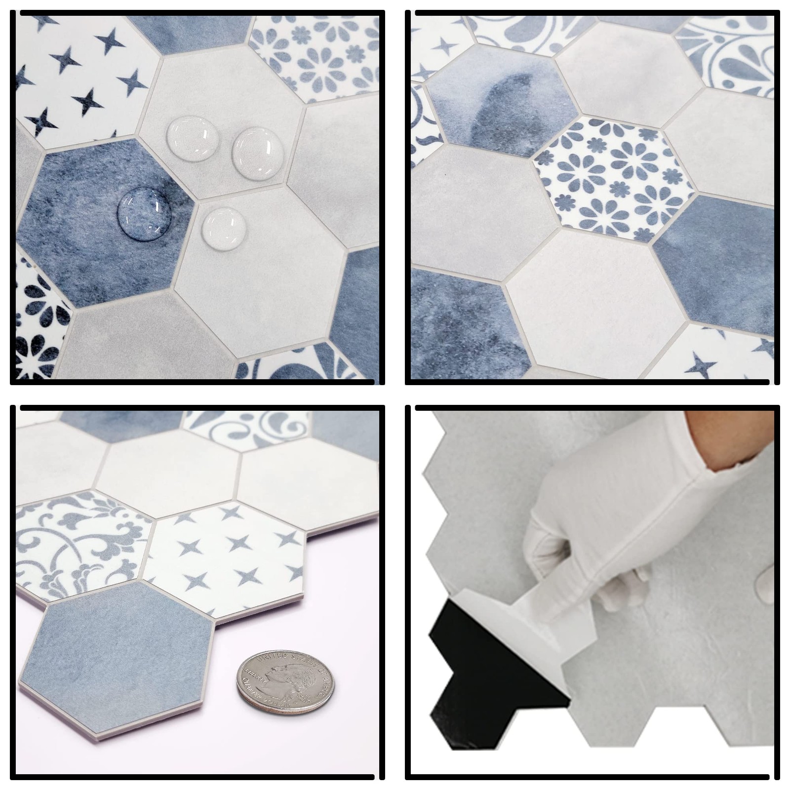 10-Sheet Peel and Stick Backsplash, Blue Cement Hexagon Stone Composite Marbl…